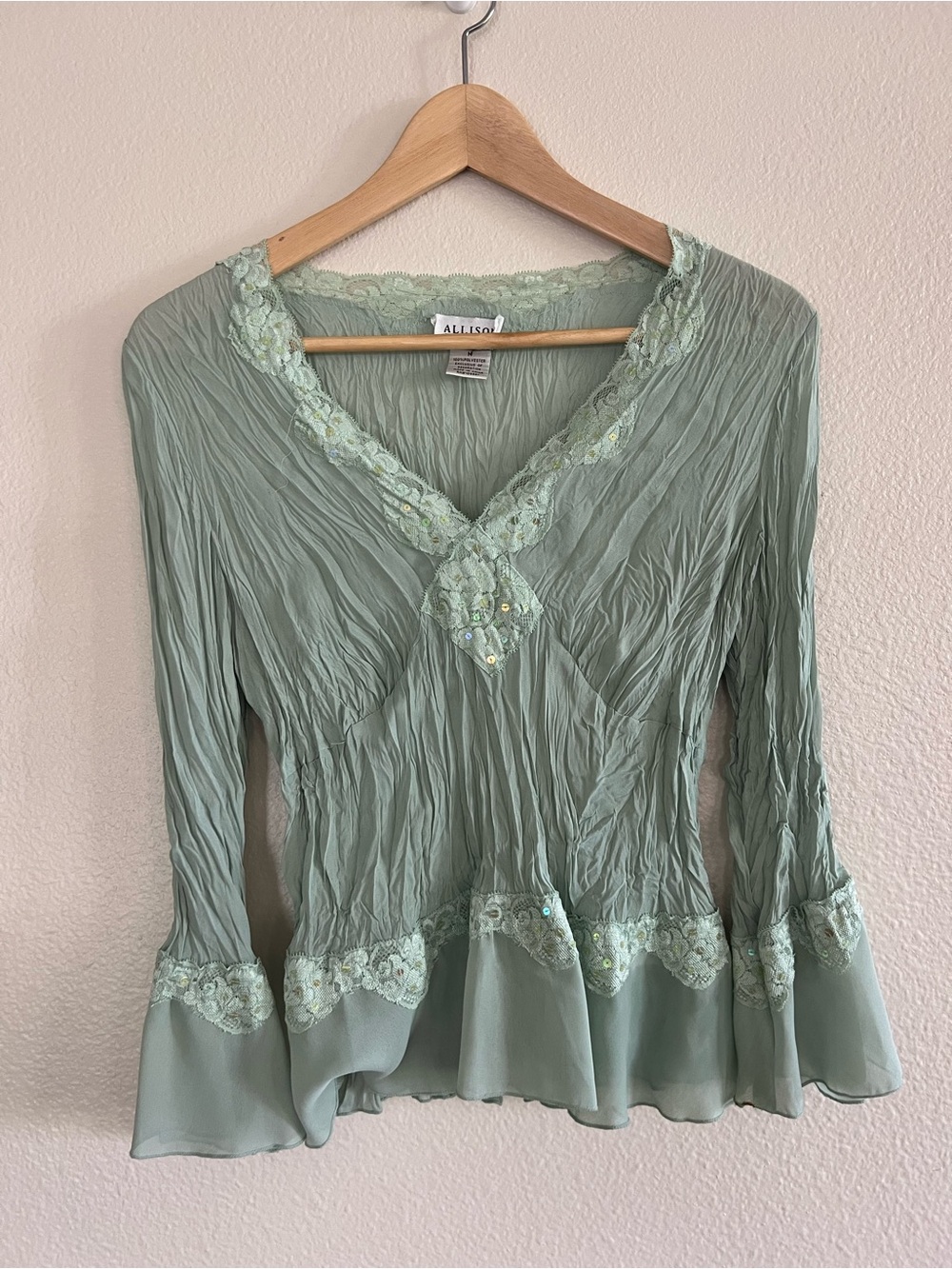 Sage Green Lace-Trim V-Neck Blouse
